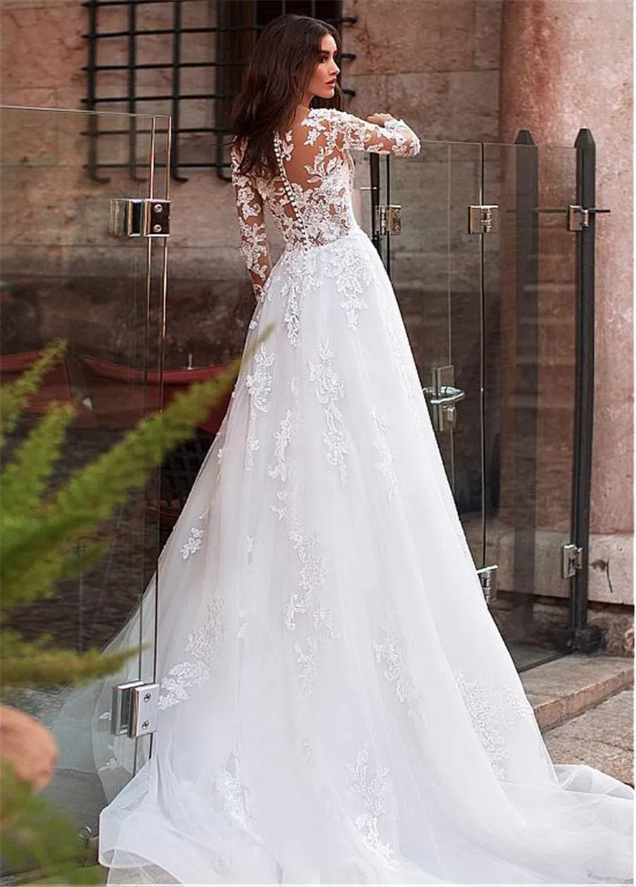 Tulle Jewel Neckline See-through Bodice A-line Wedding Dress