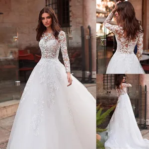 Tulle Jewel Neckline See-through Bodice A-line Wedding Dress