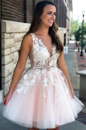 Tulle Lace A-line V-neck See Through Appliqued Short Homecoming Dresses, MH522
