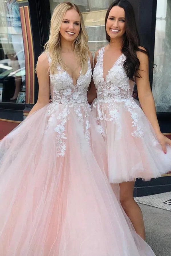 Tulle Lace A-line V-neck See Through Appliqued Short Homecoming Dresses, MH522