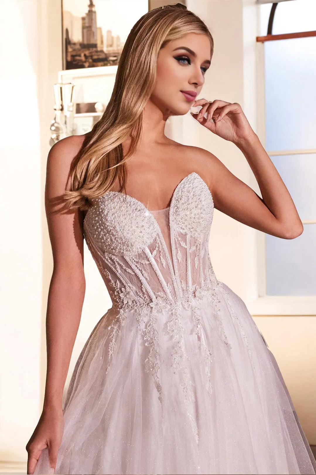 Tulle Strapless See-through A Line Ivory Wedding Dress with Slit