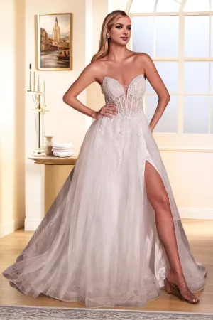 Tulle Strapless See-through A Line Ivory Wedding Dress with Slit