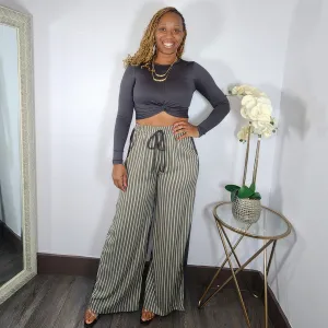 Twisted  | Mid Top & Striped Linen Pant Set - Charcoal