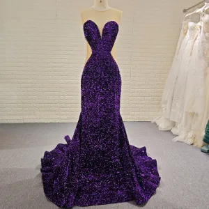 Unique Design Sheer Sweetheart Purple Evening Gowns With Sequins