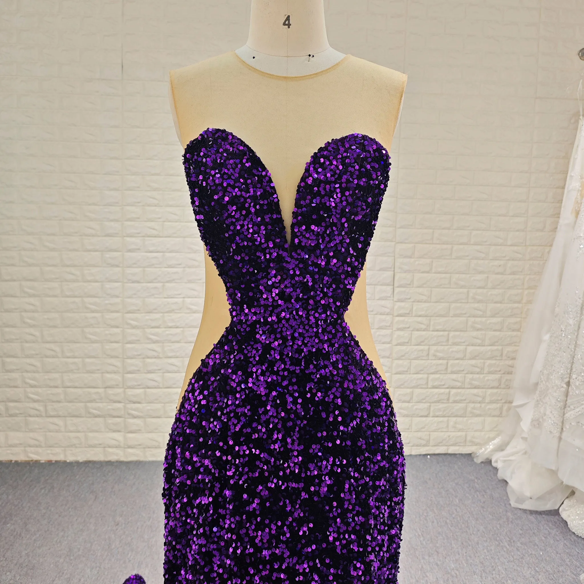 Unique Design Sheer Sweetheart Purple Evening Gowns With Sequins