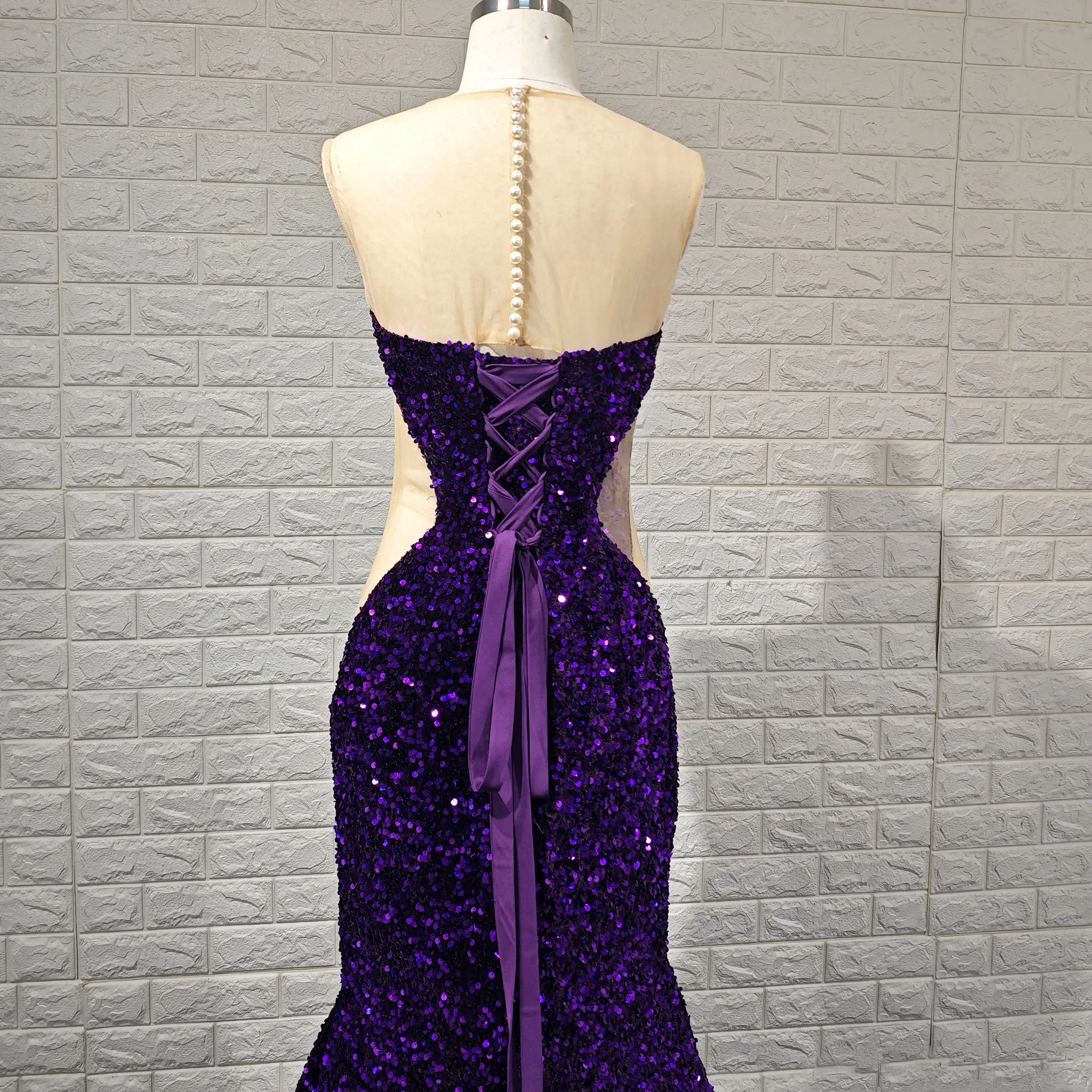Unique Design Sheer Sweetheart Purple Evening Gowns With Sequins
