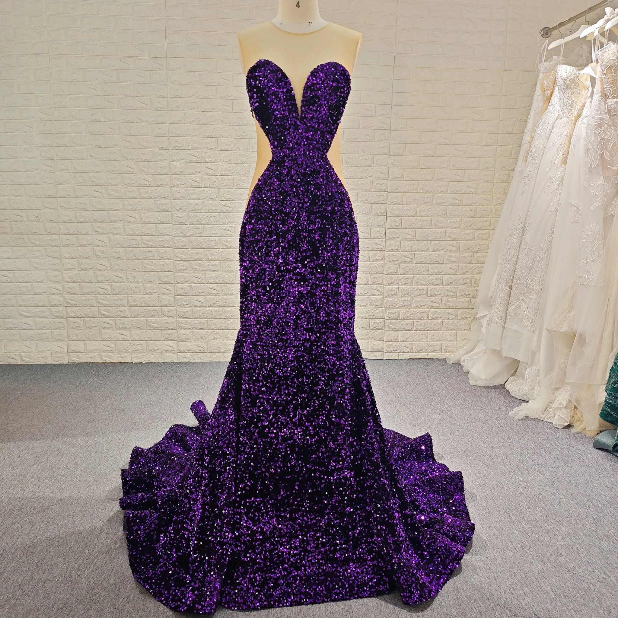 Unique Design Sheer Sweetheart Purple Evening Gowns With Sequins