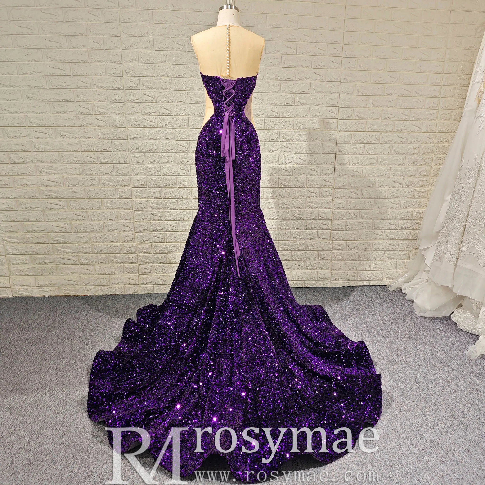 Unique Design Sheer Sweetheart Purple Evening Gowns With Sequins