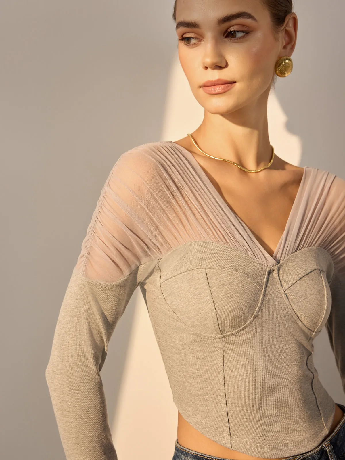 V-Neck Sheer Mesh-Shoulder Crop T-Shirt