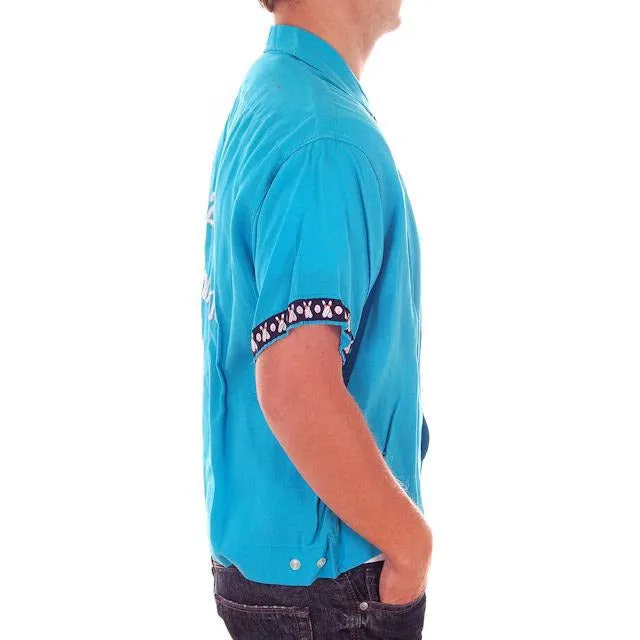 Vintage Mens Rayon Bowling Shirt Turquoise 3245th Camron Large