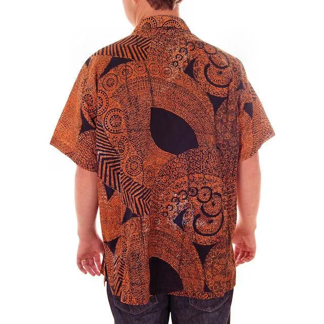 Vintage Mens Shirt Batik Orange & Black 1960s L-XL
