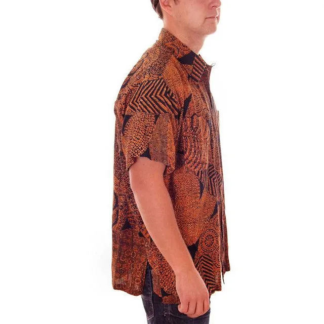 Vintage Mens Shirt Batik Orange & Black 1960s L-XL