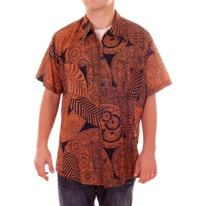 Vintage Mens Shirt Batik Orange & Black 1960s L-XL