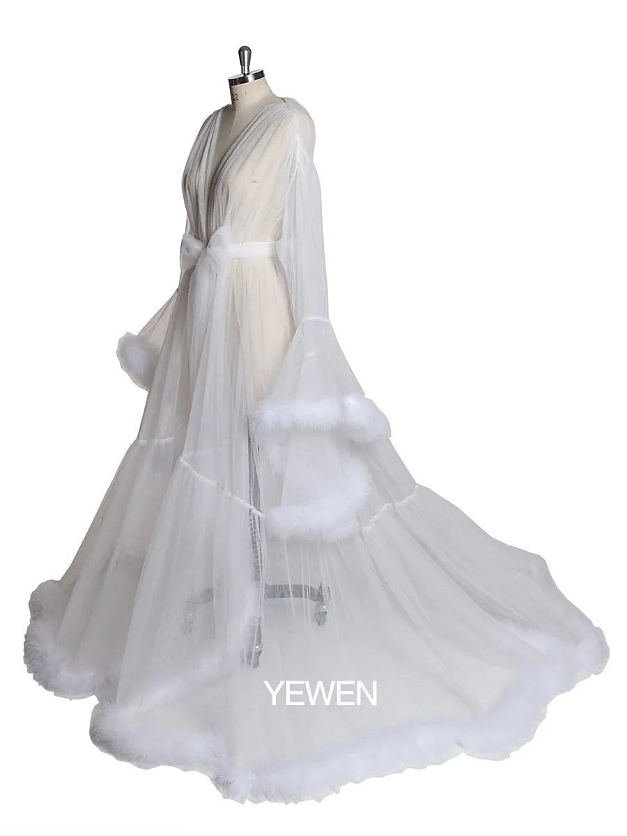 White Bell Sleeve See Through Tulle Maternity Dress
