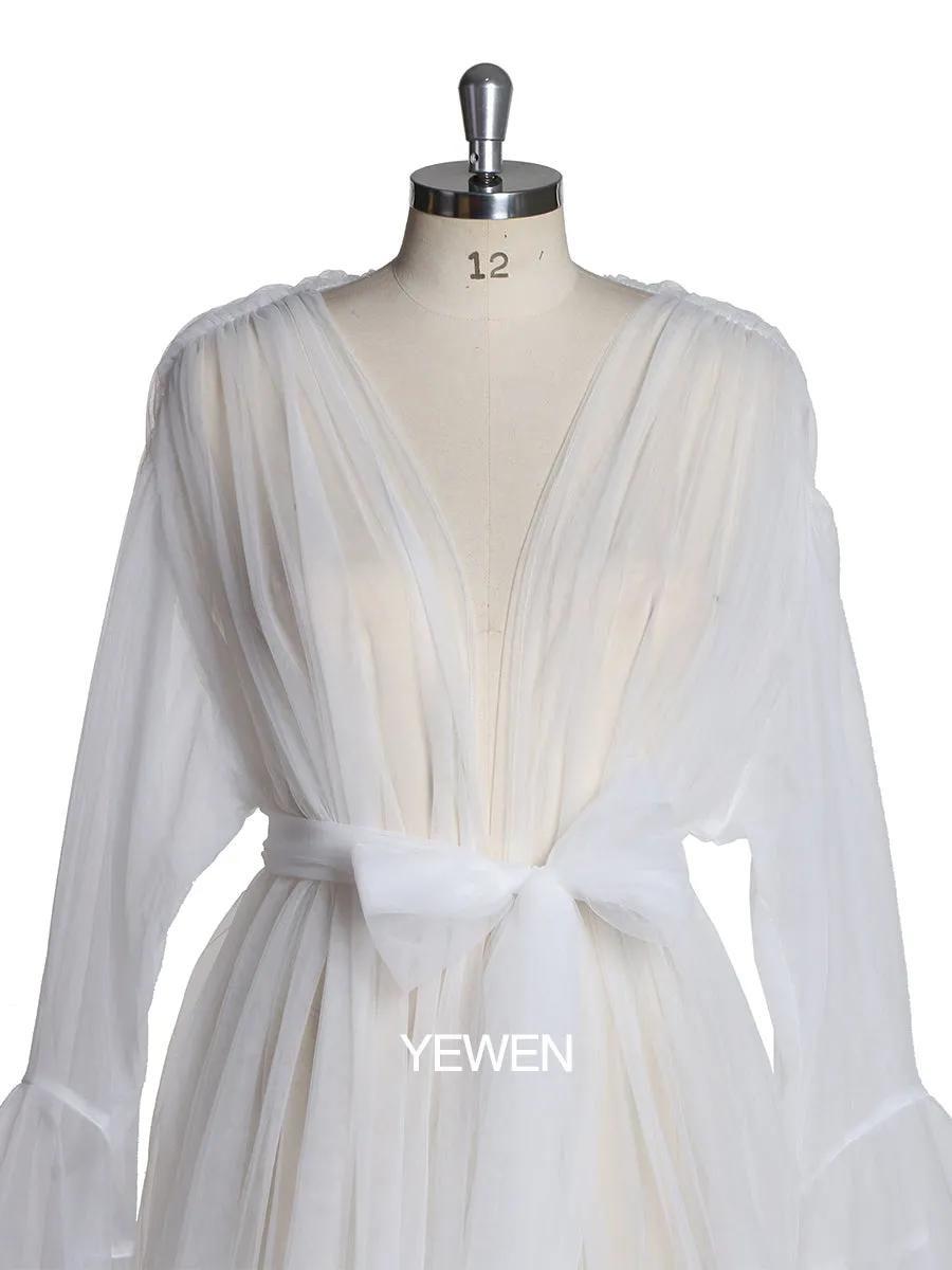 White Bell Sleeve See Through Tulle Maternity Dress