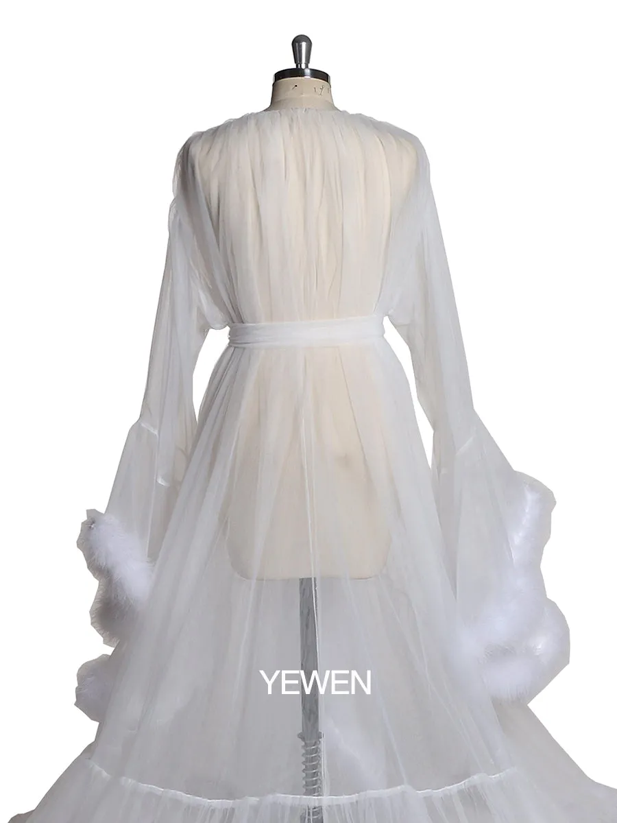White Bell Sleeve See Through Tulle Maternity Dress