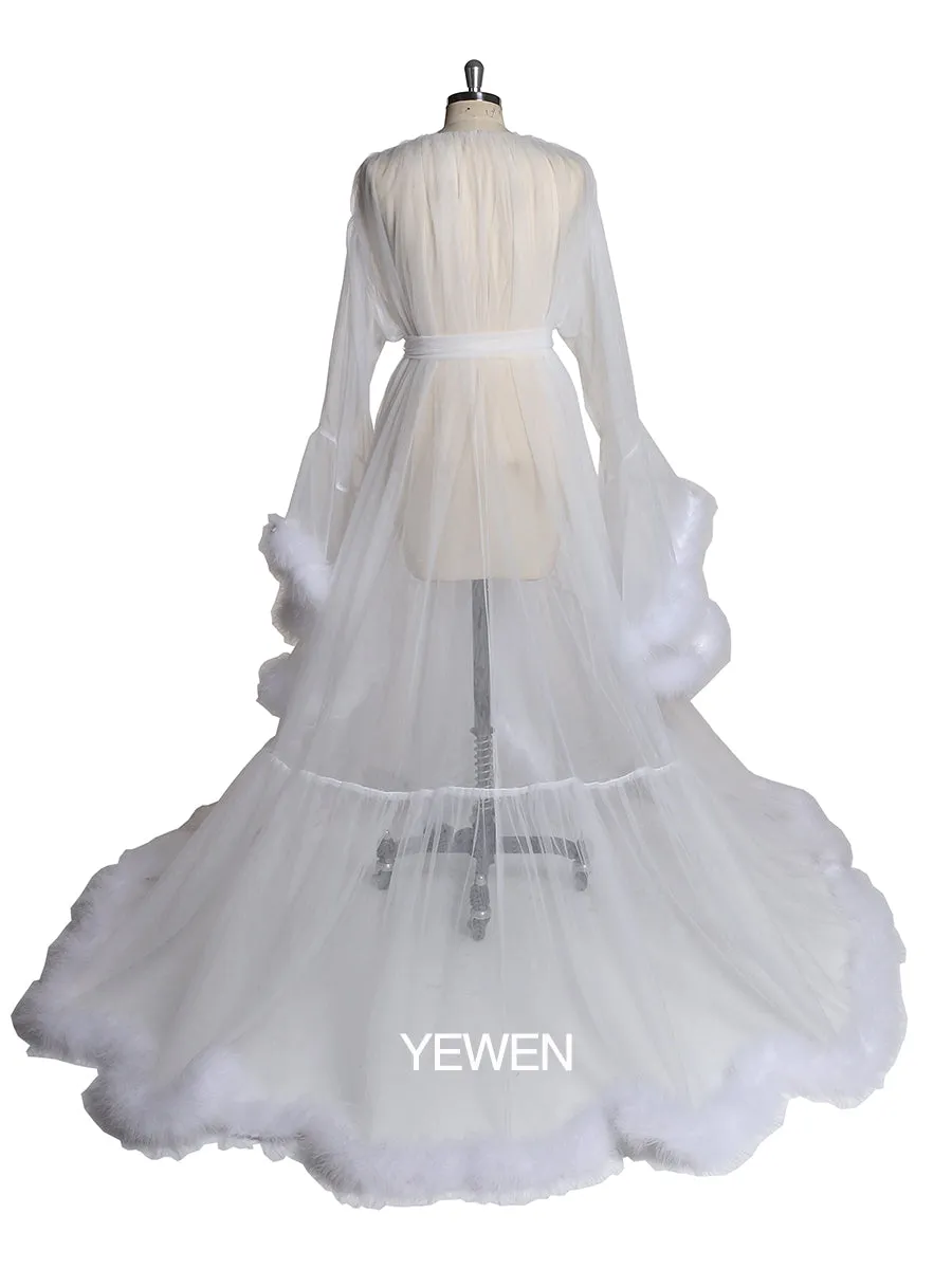 White Bell Sleeve See Through Tulle Maternity Dress
