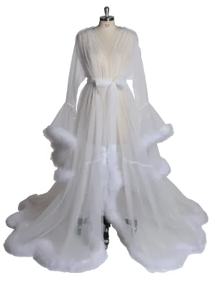 White Bell Sleeve See Through Tulle Maternity Dress