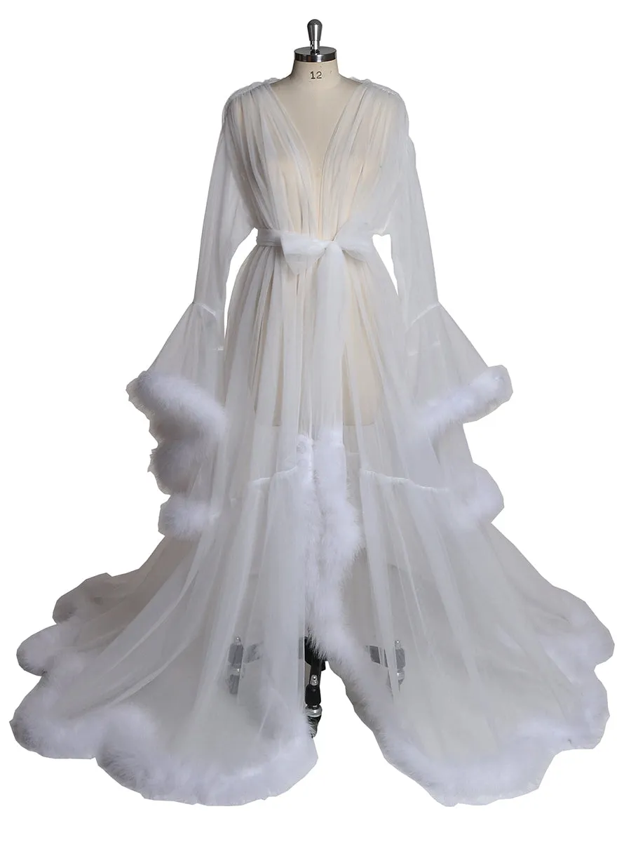 White Bell Sleeve See Through Tulle Maternity Dress