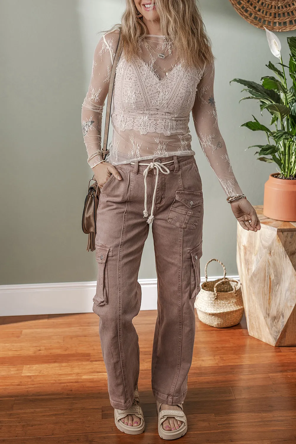 White Lace Crochet Mesh Slim Fit Long Sleeve Top