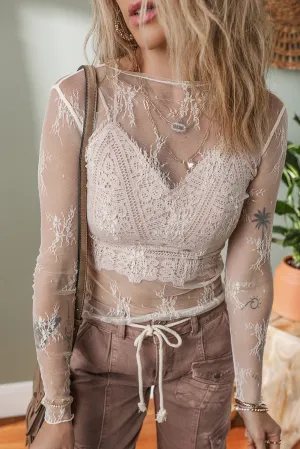 White Lace Crochet Mesh Slim Fit Long Sleeve Top