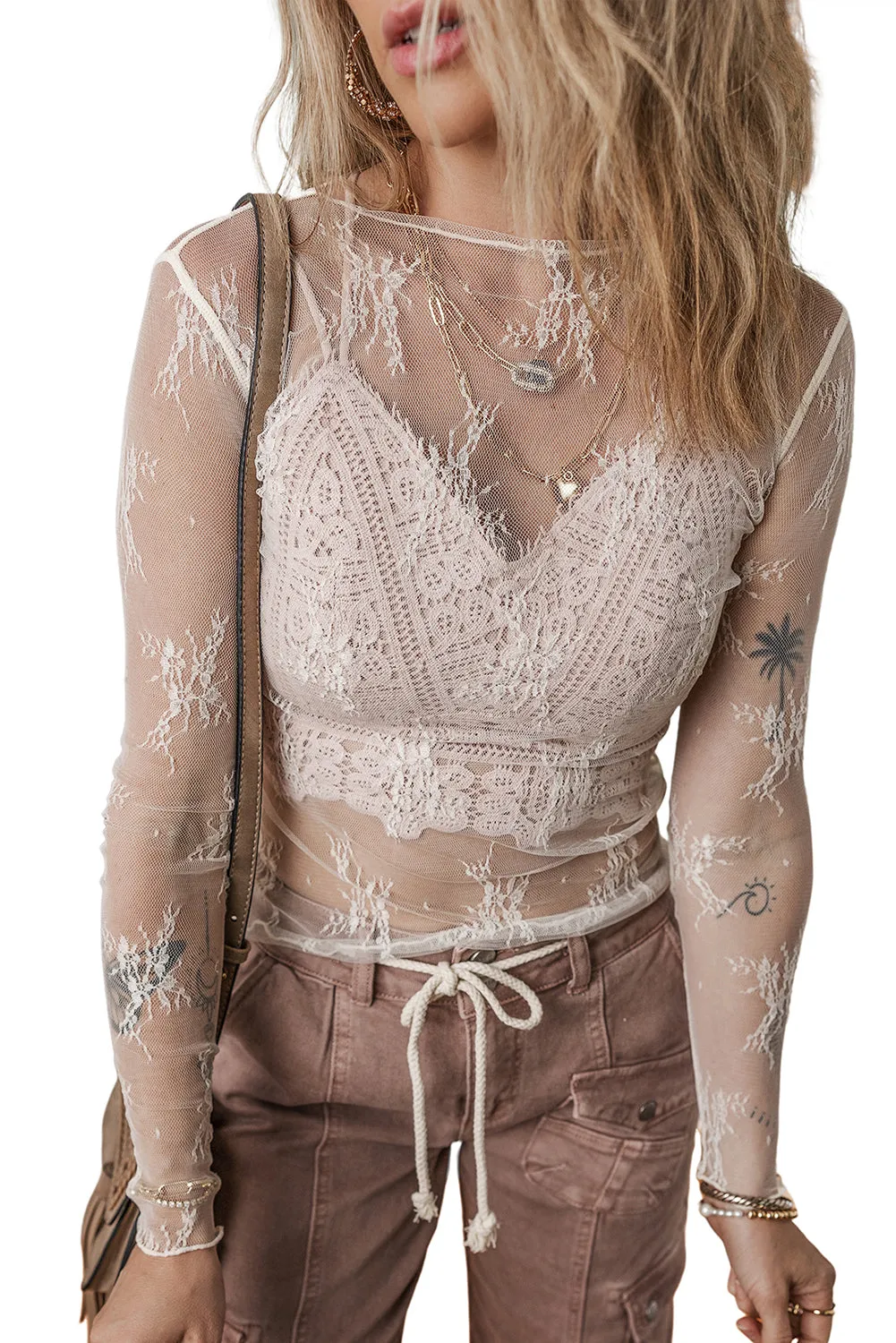 White Lace Crochet Mesh Slim Fit Long Sleeve Top