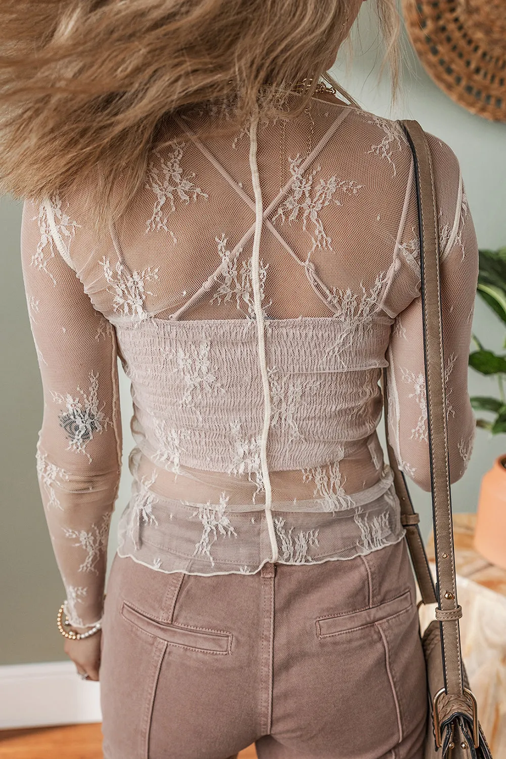 White Lace Crochet Mesh Slim Fit Long Sleeve Top