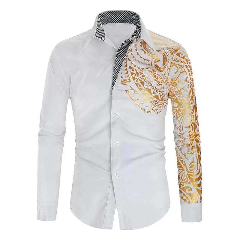 Wiaofellas  -  Spring Men's Shirts Vintage Graphic Print Patchwork Long Sleeve Shirt For Men Casual Button Turn-down Collar Cardigan Tops
