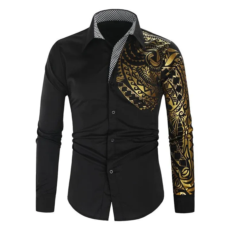 Wiaofellas  -  Spring Men's Shirts Vintage Graphic Print Patchwork Long Sleeve Shirt For Men Casual Button Turn-down Collar Cardigan Tops