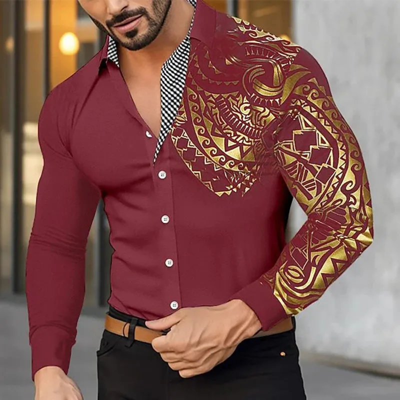 Wiaofellas  -  Spring Men's Shirts Vintage Graphic Print Patchwork Long Sleeve Shirt For Men Casual Button Turn-down Collar Cardigan Tops