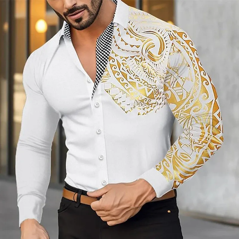 Wiaofellas  -  Spring Men's Shirts Vintage Graphic Print Patchwork Long Sleeve Shirt For Men Casual Button Turn-down Collar Cardigan Tops