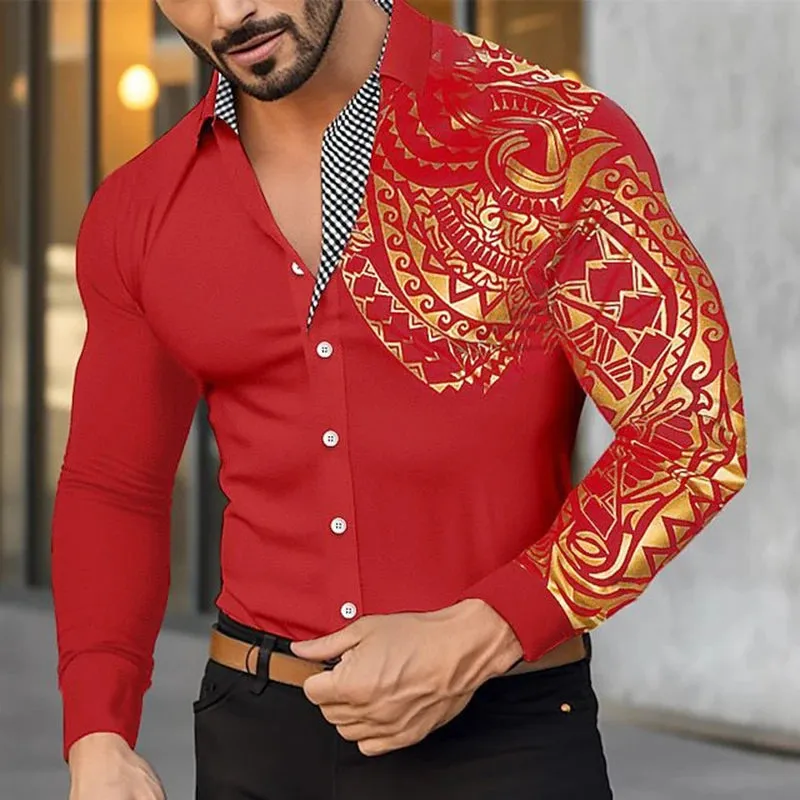 Wiaofellas  -  Spring Men's Shirts Vintage Graphic Print Patchwork Long Sleeve Shirt For Men Casual Button Turn-down Collar Cardigan Tops