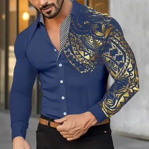 Wiaofellas  -  Spring Men's Shirts Vintage Graphic Print Patchwork Long Sleeve Shirt For Men Casual Button Turn-down Collar Cardigan Tops
