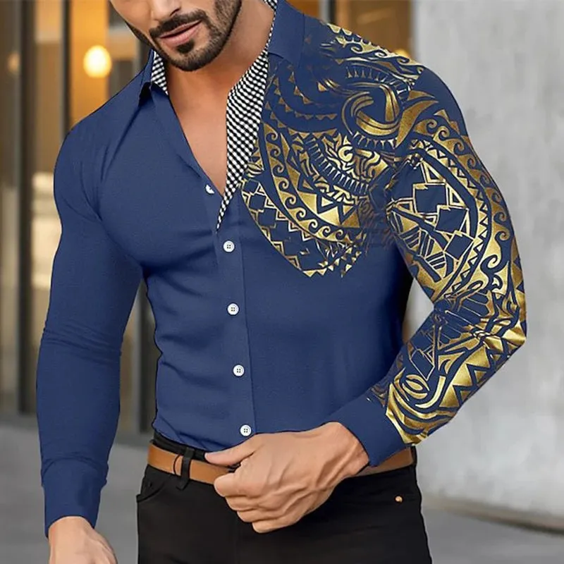Wiaofellas  -  Spring Men's Shirts Vintage Graphic Print Patchwork Long Sleeve Shirt For Men Casual Button Turn-down Collar Cardigan Tops