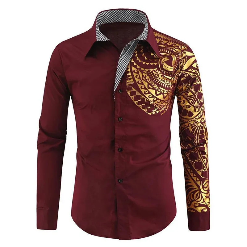 Wiaofellas  -  Spring Men's Shirts Vintage Graphic Print Patchwork Long Sleeve Shirt For Men Casual Button Turn-down Collar Cardigan Tops