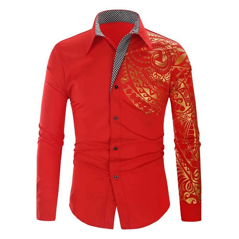 Wiaofellas  -  Spring Men's Shirts Vintage Graphic Print Patchwork Long Sleeve Shirt For Men Casual Button Turn-down Collar Cardigan Tops