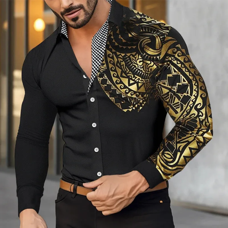 Wiaofellas  -  Spring Men's Shirts Vintage Graphic Print Patchwork Long Sleeve Shirt For Men Casual Button Turn-down Collar Cardigan Tops