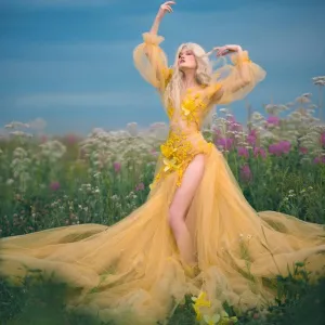 Yellow Tulle Prom Dress With 3D Flowers Floral Print Dress