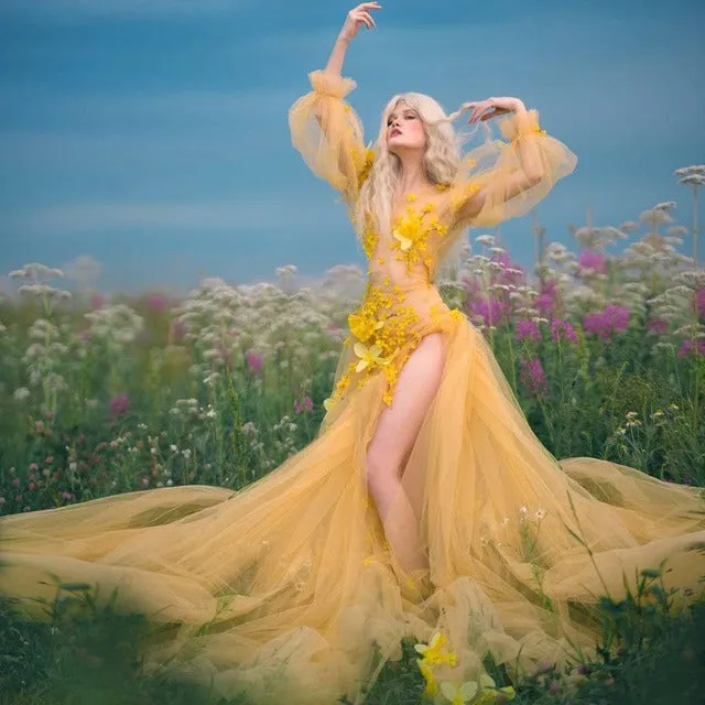 Yellow Tulle Prom Dress With 3D Flowers Floral Print Dress