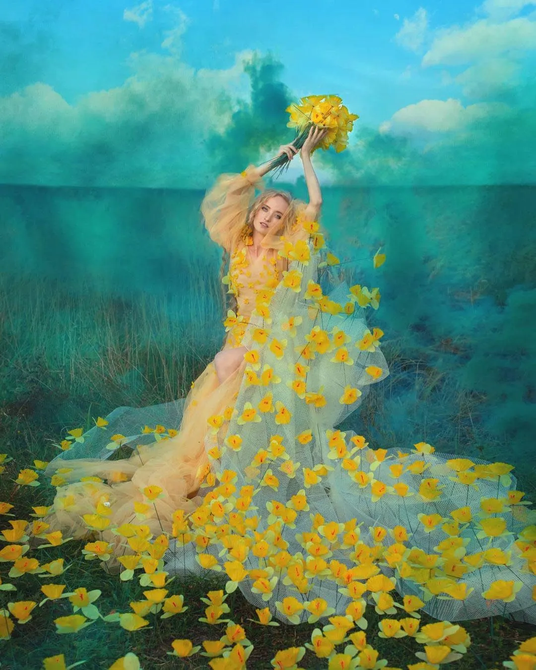 Yellow Tulle Prom Dress With 3D Flowers Floral Print Dress