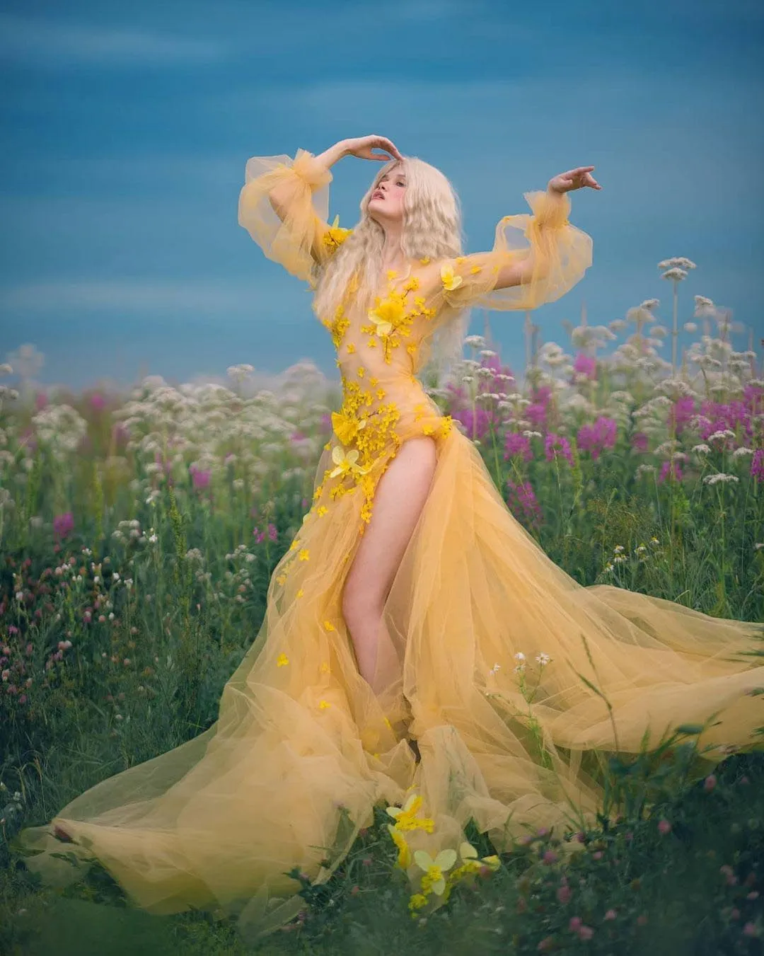 Yellow Tulle Prom Dress With 3D Flowers Floral Print Dress