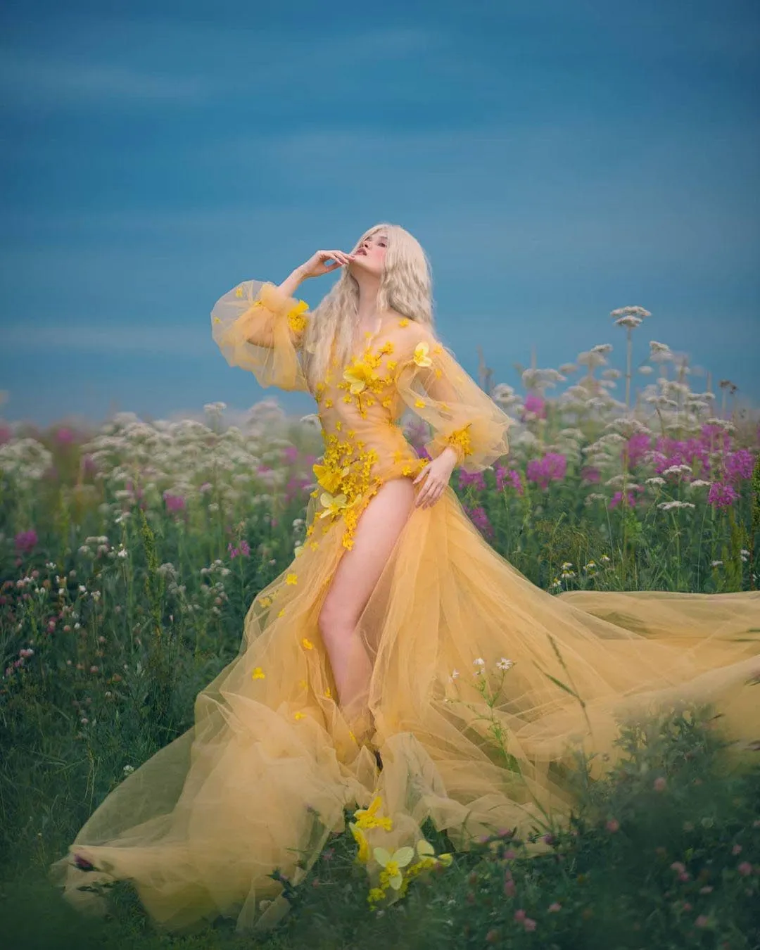 Yellow Tulle Prom Dress With 3D Flowers Floral Print Dress