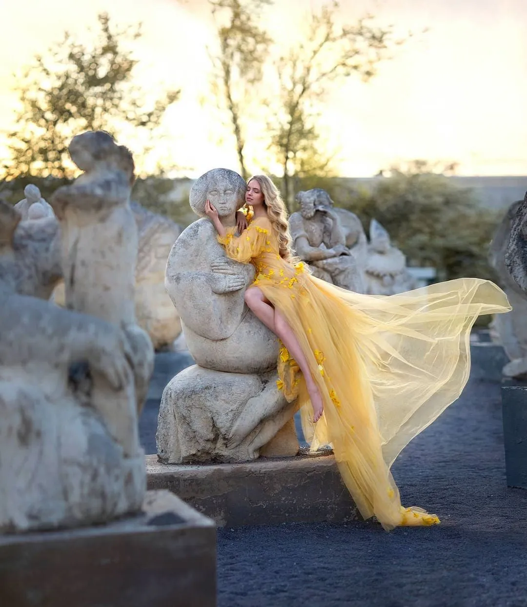 Yellow Tulle Prom Dress With 3D Flowers Floral Print Dress