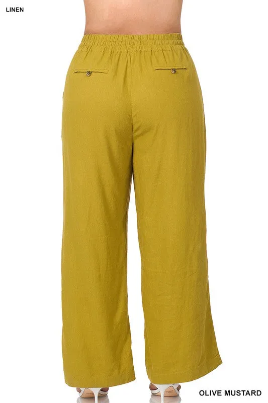 ZENANA Plus Linen Drawstring-Waist Pants with Pockets