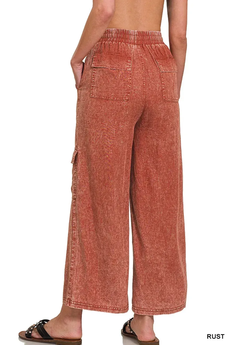 Zenana Washed Linen Elastic Band Waist Cargo Pants